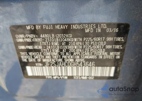 2016 Subaru Forester 2.5I Limited из США, поврежденный, VIN JF2SJAHC0GH543646